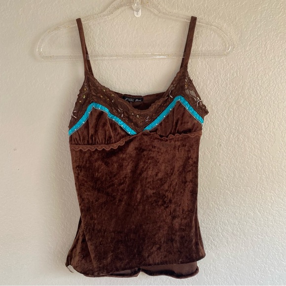 Vintage Y2K Nikki Mae Brown Tank Top Blue Trim - Picture 1 of 5